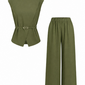 Olive Green Sleeveless Peplum Top and Wide-Leg Pants Two-Piece Set