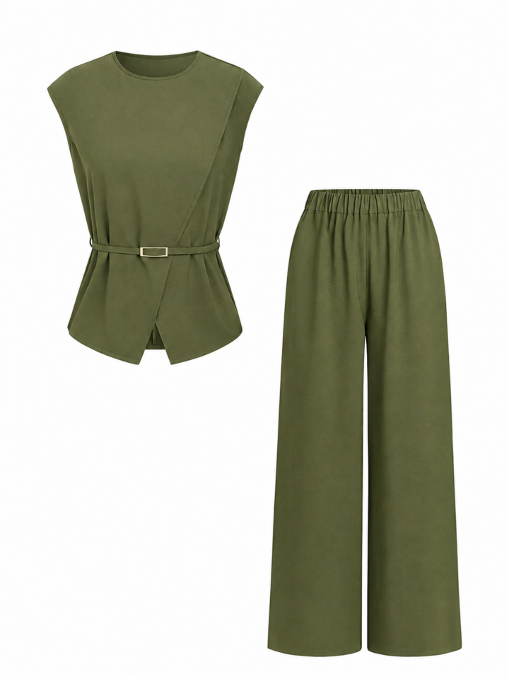 Olive Green Sleeveless Peplum Top and Wide-Leg Pants Two-Piece Set