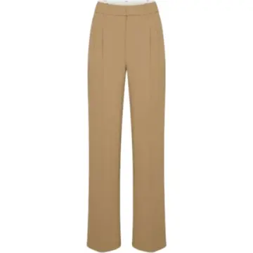 Camel High-Rise Tailored Trousers with Pintuck Pleats and Belt Loops
