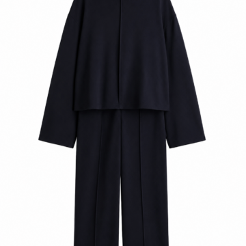 Black Oversized Two-Piece Set with Funnel Neck Top and Pressed Crease Pants