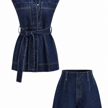Dark Indigo Denim Two-Piece Set with Sleeveless Collared Top and High-Waisted Shorts