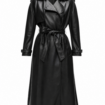 Black Textured Faux-Leather Longline Trench Coat
