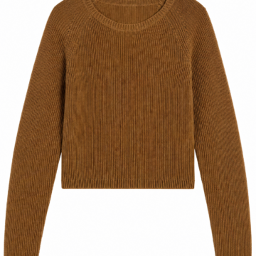 Solid Brown Cropped Rib-Knit Sweater with Raglan Sleeves