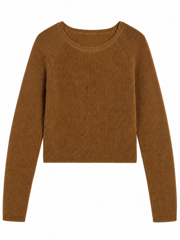 Solid Brown Cropped Rib-Knit Sweater with Raglan Sleeves