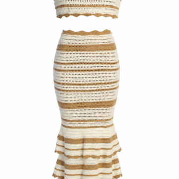 Cream and Tan Striped Knit Two-Piece Set with Off-Shoulder Crop Top and Maxi Skirt
