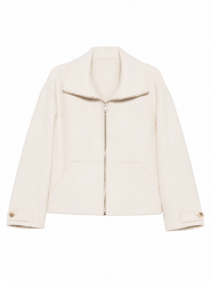 Ivory Cropped Zip-Up Jacket with Funnel Collar