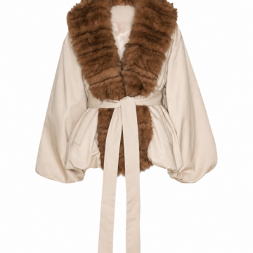 Ivory Wrap Coat with Faux Fur Collar and Balloon Sleeves
