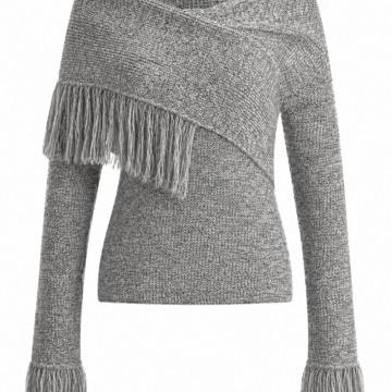 Heather Grey Fringe Wrap Sweater with Off-Shoulder Neckline