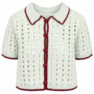 Cream and Red Trim Crochet Cardigan