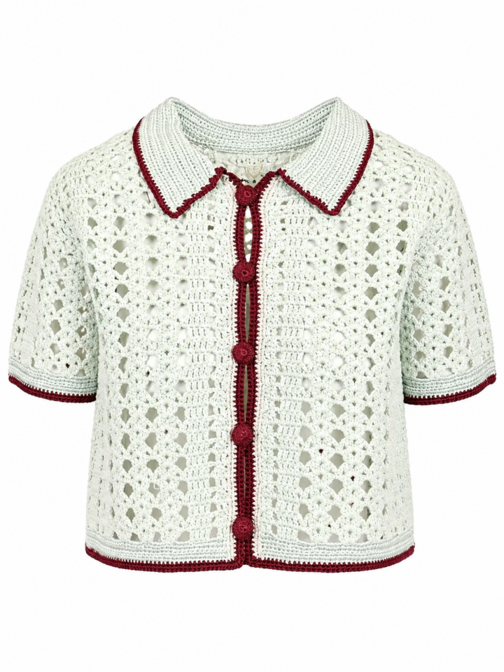 Cream and Red Trim Crochet Cardigan