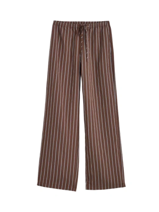 Brown Wide-Leg Pants with White Pinstripe and Drawstring Waist