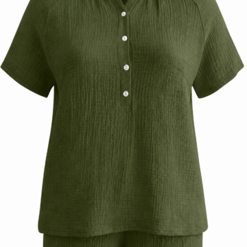 Olive Green Relaxed Fit Two-Piece Set with Collared Top and Cuffed Shorts