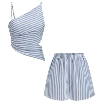 Blue and White Striped Two-Piece Crop Top and Shorts Set