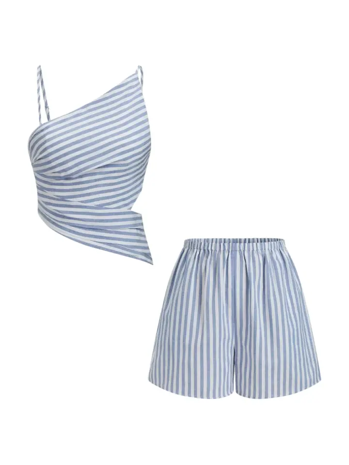 Blue and White Striped Two-Piece Crop Top and Shorts Set