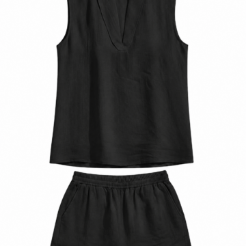 Black Boxy Fit Two-Piece Set with Deep V-Neck Top and Elastic Waist Shorts