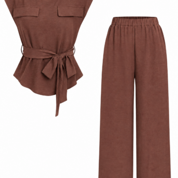 Brown Ribbed Two-Piece Set with Cap Sleeve Top and Wide-Leg Trousers