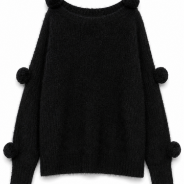 Black Oversized Knit Sweater with Pom-Pom Details
