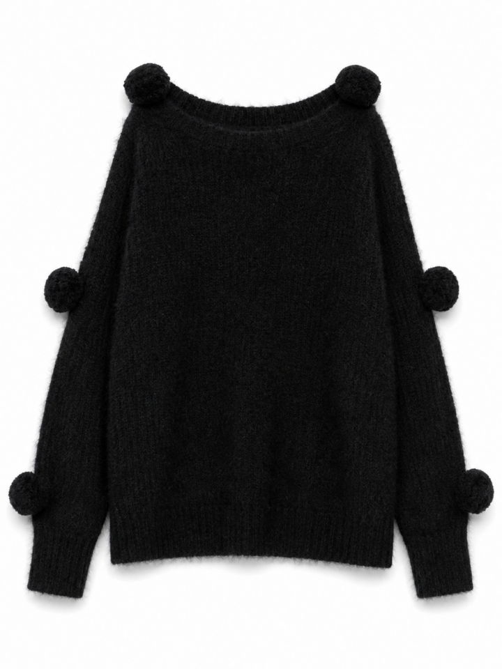 Black Oversized Knit Sweater with Pom-Pom Details