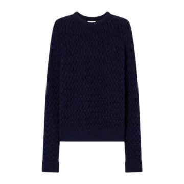 Navy Blue Geometric Cable Knit Crewneck Sweater
