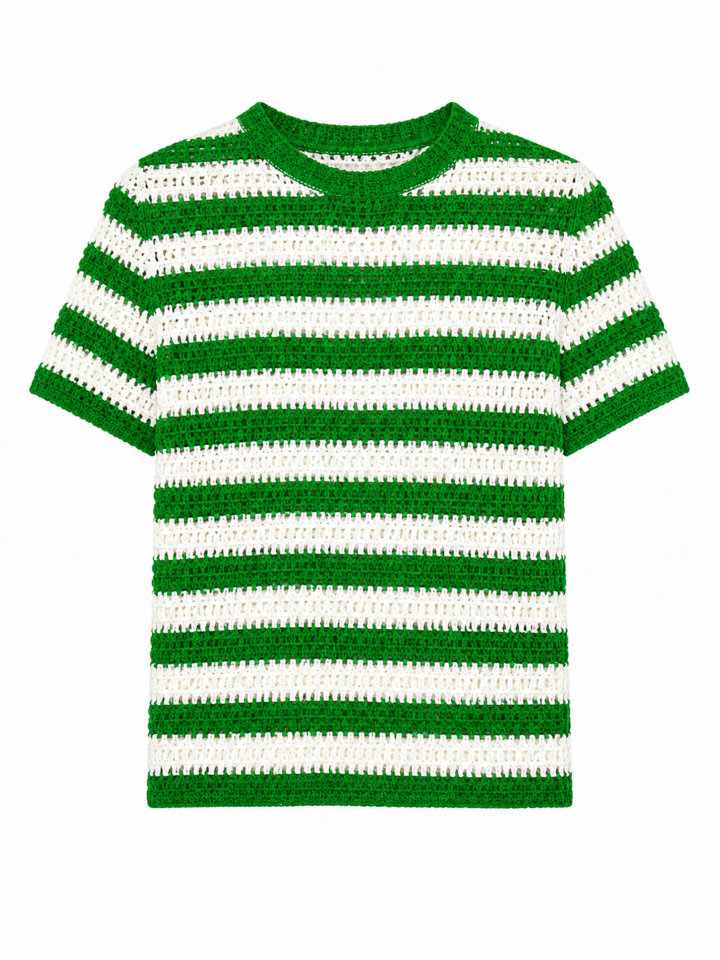 Green and White Striped Crochet Short-Sleeve Top