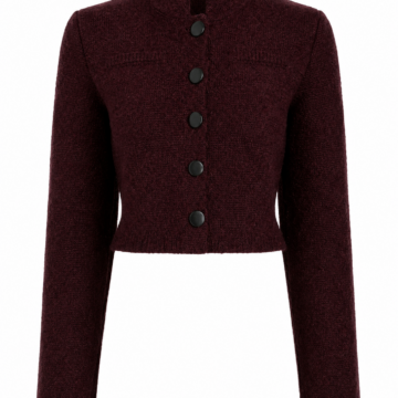 Deep Burgundy Cropped Fitted Knit Cardigan with Stand Collar