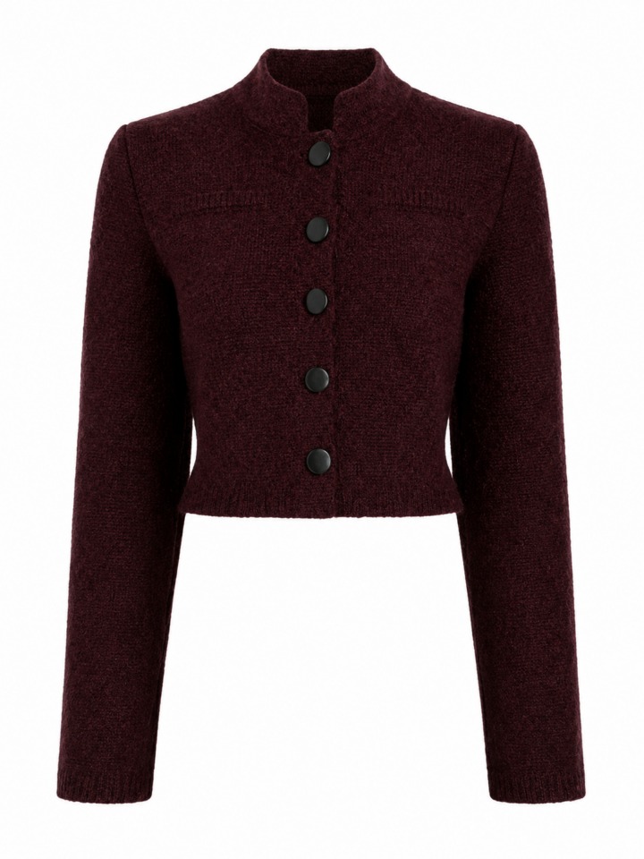 Deep Burgundy Cropped Fitted Knit Cardigan with Stand Collar