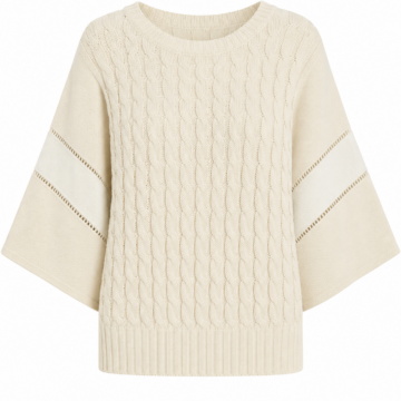 Cream Cable Knit Sweater with Dolman Sleeves and Pointelle Details