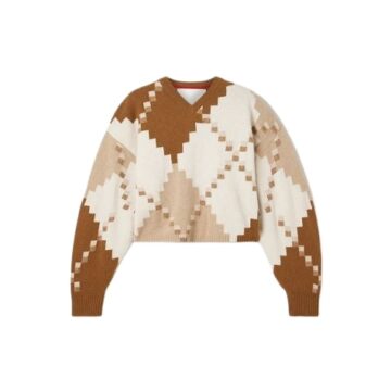 Cream Tan Brown Diamond Jacquard V-Neck Sweater